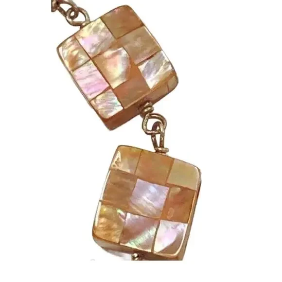 Vintage 925 Sterling Silver Mother of Pearl Mosaic Chunky Bracelet, 7 L